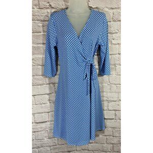 Fresh Produce Blue Geometric Faux Wrap Dress M Stretchy Slinky Retro Mod Coastal